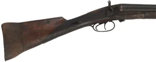 Antique Breech Loading Double Shotgun,
 12 gauge 2-5/8", 30" barrels, 
walnut, iron, side lever,  back action locks,
marked W. Richards, decorator use